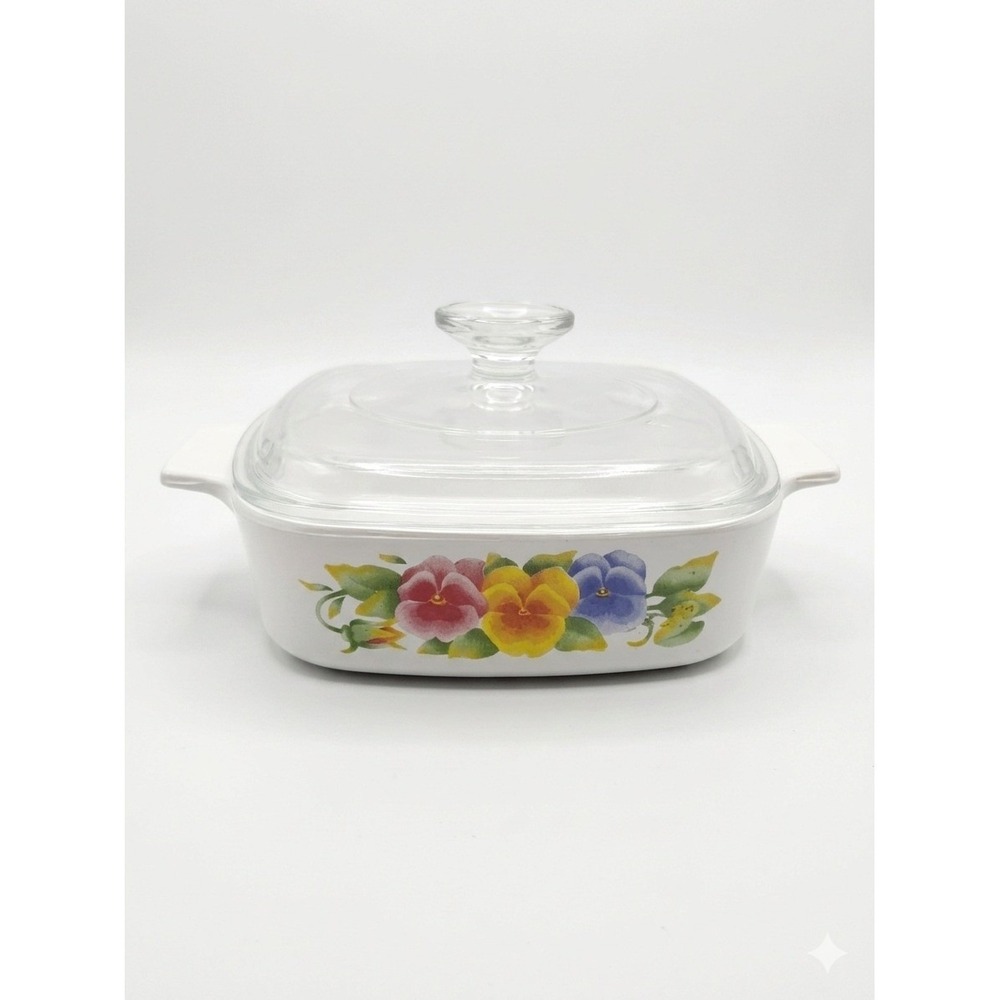 CorningWare Summer Blush Pansy 1L Square Casserole Dish A-1-B Glass Lid USA Vtg